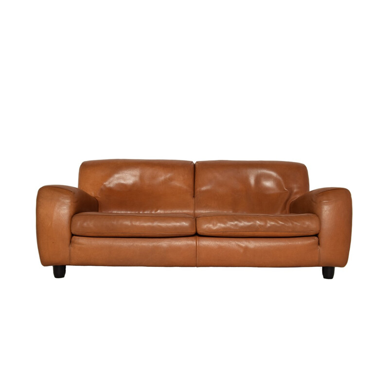 2-Seater So"Fatboy" in natural Cognac Leather by Molinari Italy - 1980s