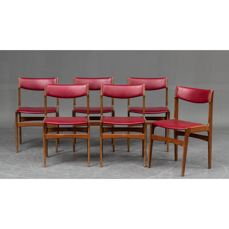 Suite de 6 chaises vintage rouge en hêtre & teck - 1960