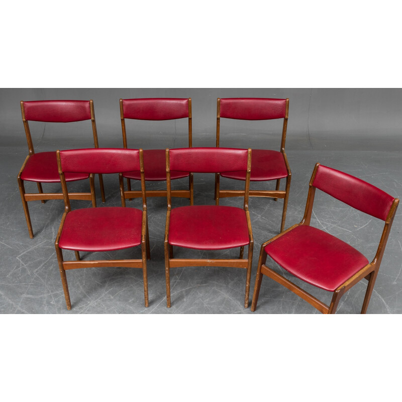 Set of 6 red chairs in beech & teak - 1960s