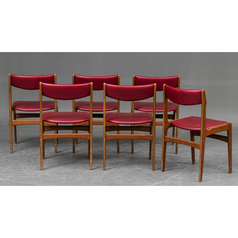 Set of 6 red chairs in beech & teak - 1960s