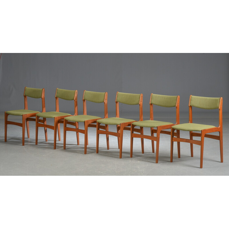 Set of 6 vintage green chairs in teak by Erik Buck - 1960s