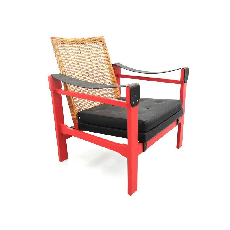 Armchair in leatherette, rattan and wood - 1950s