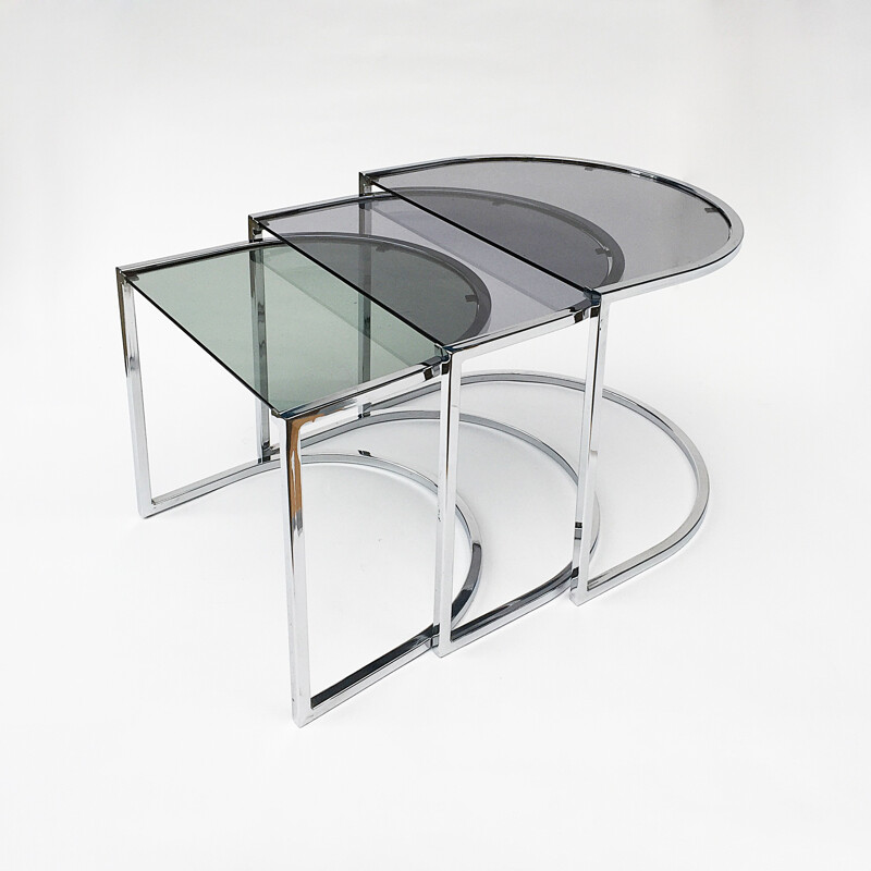 Set of 3 Vintage Chrome and Glass Nest Tables - 1970s