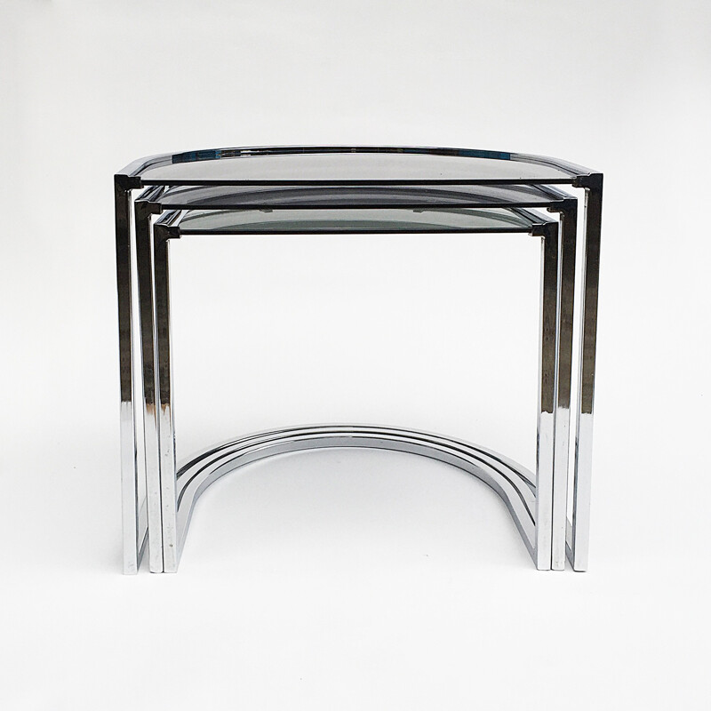 Set of 3 Vintage Chrome and Glass Nest Tables - 1970s