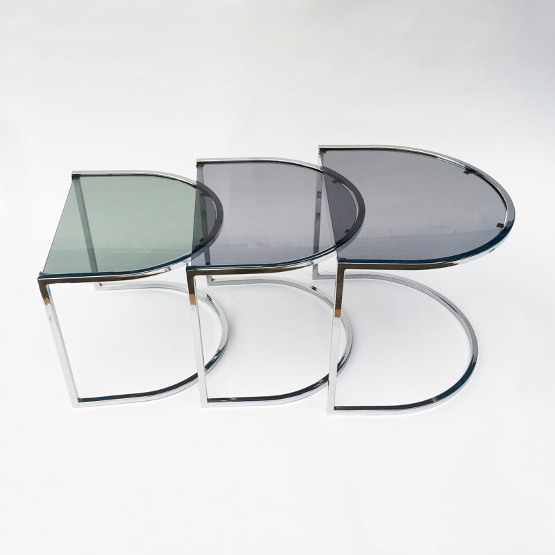 Set of 3 Vintage Chrome and Glass Nest Tables - 1970s