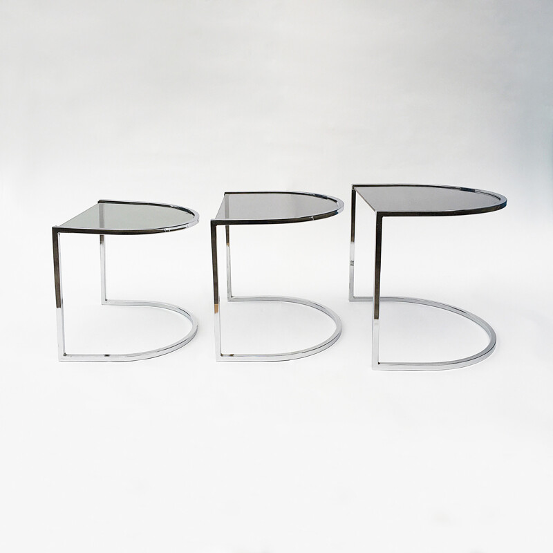 Set of 3 Vintage Chrome and Glass Nest Tables - 1970s