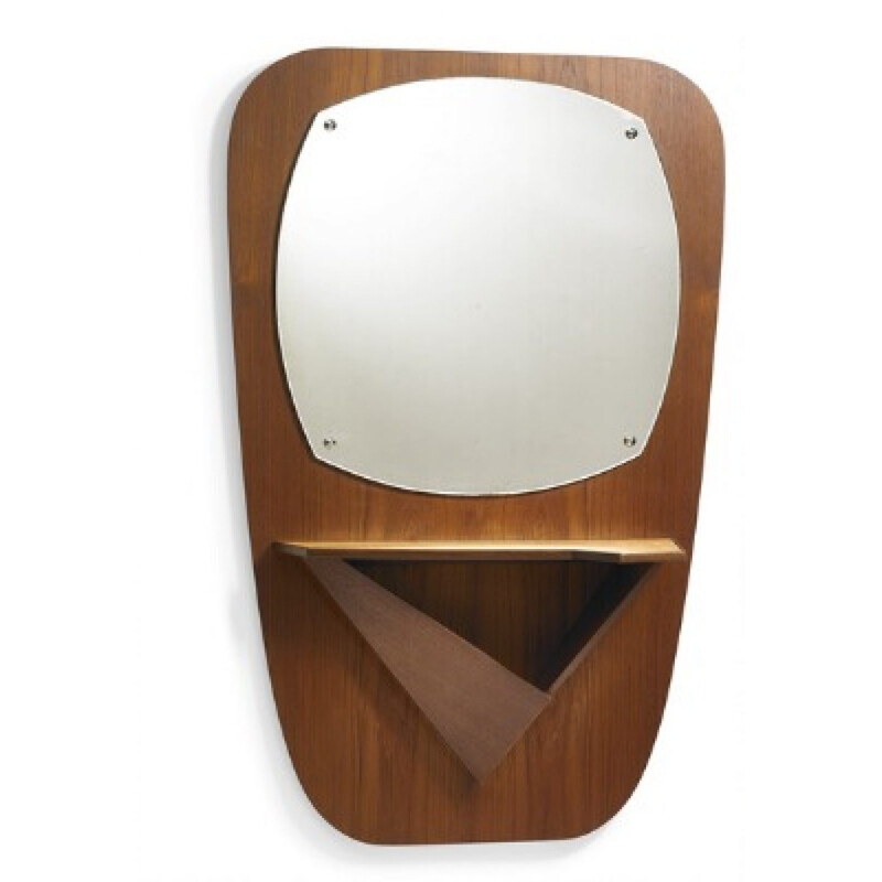 Vintage Teak Wall mirror with carved shelf - 1960s