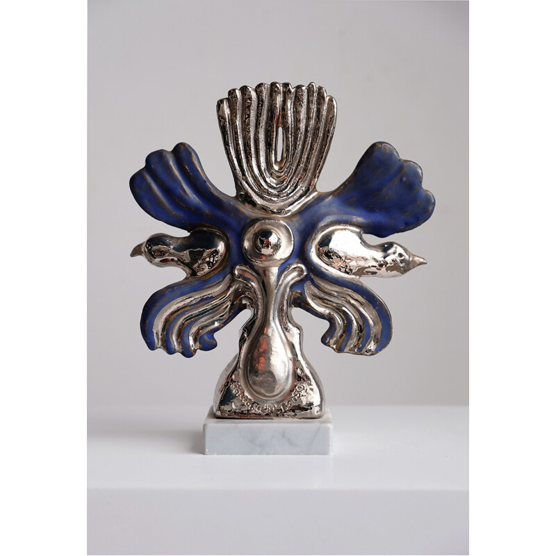 Vintage silver and blue ceramic by Elisabeth Vandeweghe for Perignem, 1960