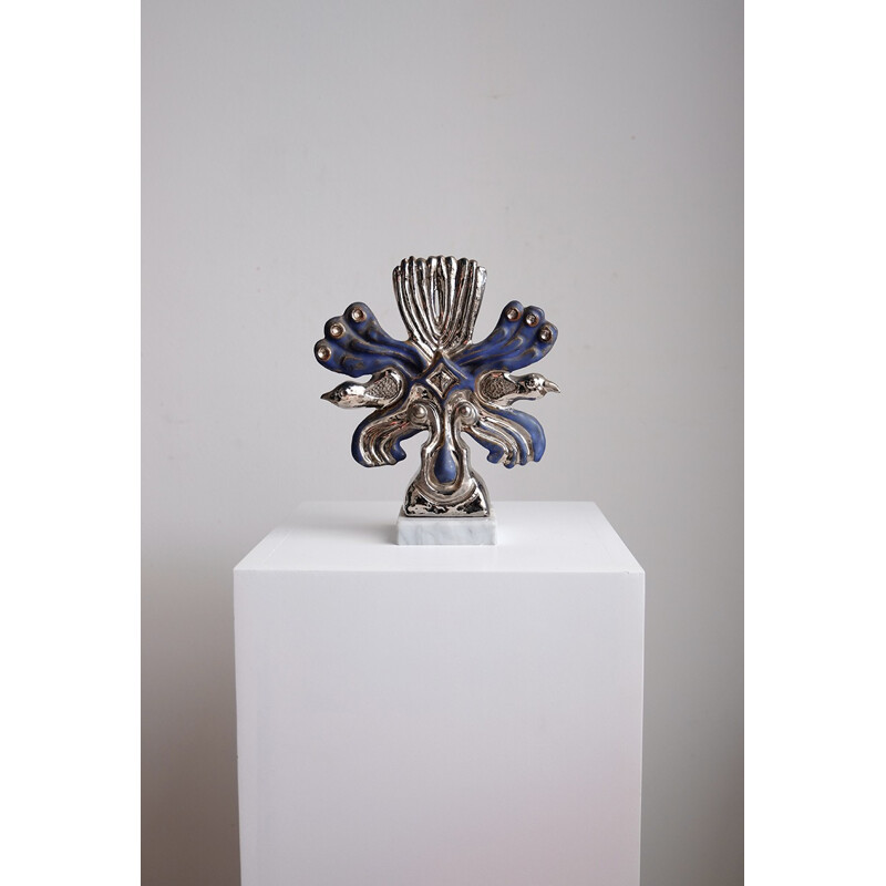 Vintage silver and blue ceramic by Elisabeth Vandeweghe for Perignem, 1960