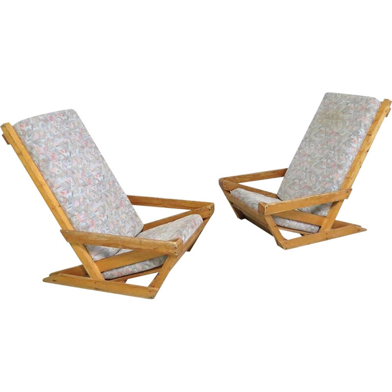 Set of 2 vintage Scandinavian pine lounge chairs - 1960s