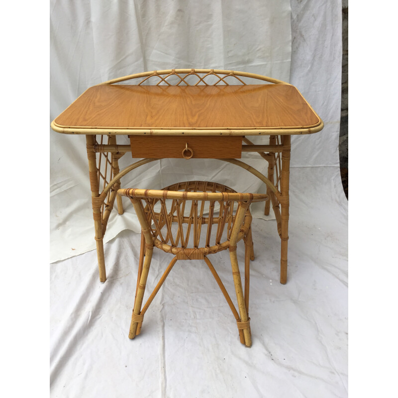 Rattan and bamboo desk set, Louis SOGNOT - 1960s