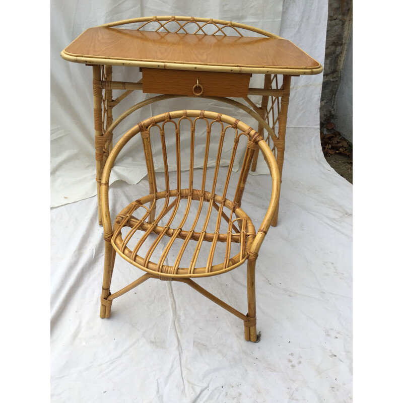 Rattan and bamboo desk set, Louis SOGNOT - 1960s