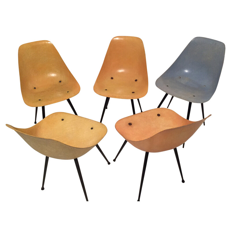 Set of 5 chairs in fibreglass and metal - 1950s