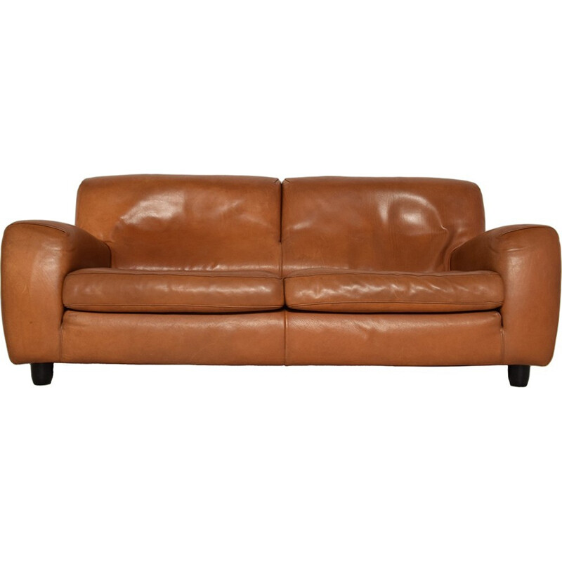 2-Seater So"Fatboy" in natural Cognac Leather by Molinari Italy - 1980s