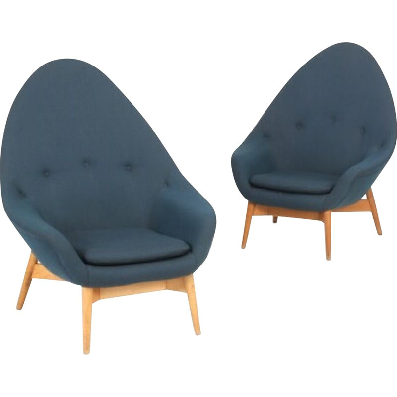 Set of 2 blue finnish armchairs "Monk" Armchairs by Keravan Puusepäntehdas & Stockmann Oy - 1950s