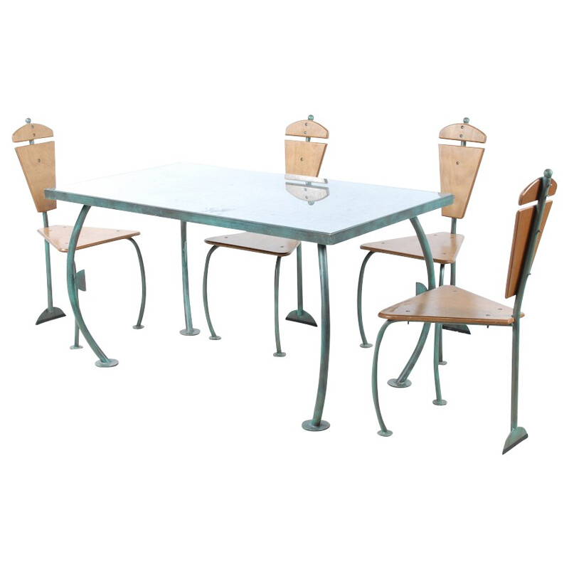 Diner set in bronzed iron, glass and wood, Jos LAUGS - 1980s