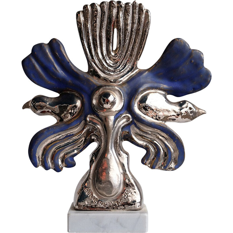 Vintage silver and blue ceramic by Elisabeth Vandeweghe for Perignem, 1960
