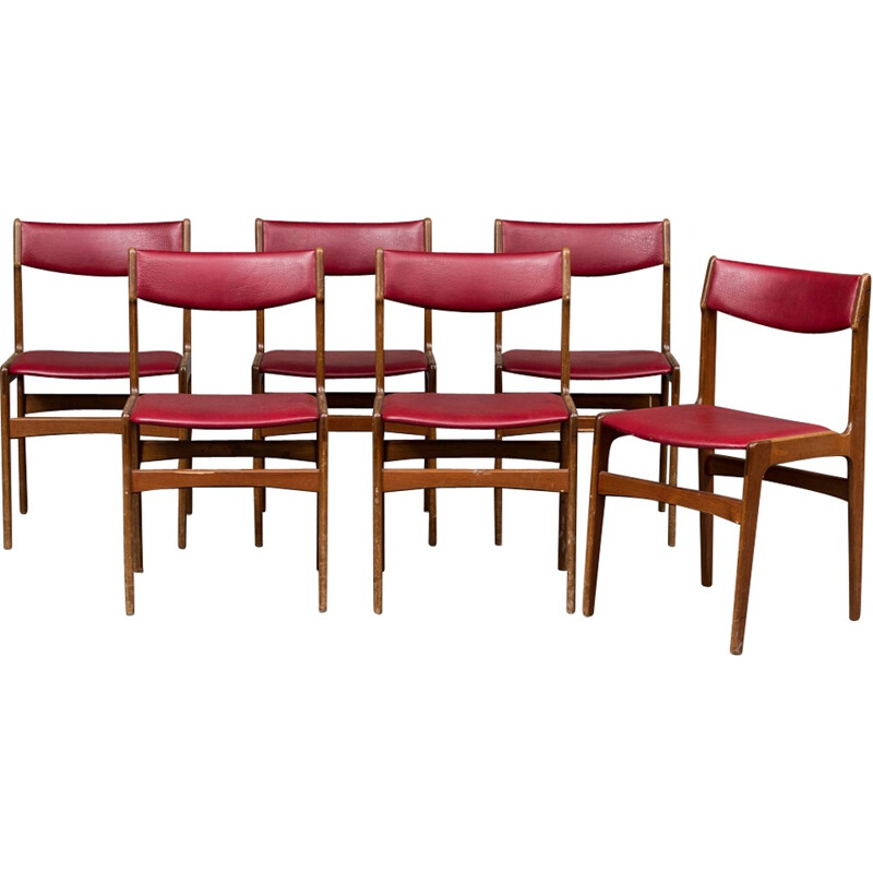 Suite de 6 chaises vintage rouge en hêtre & teck - 1960