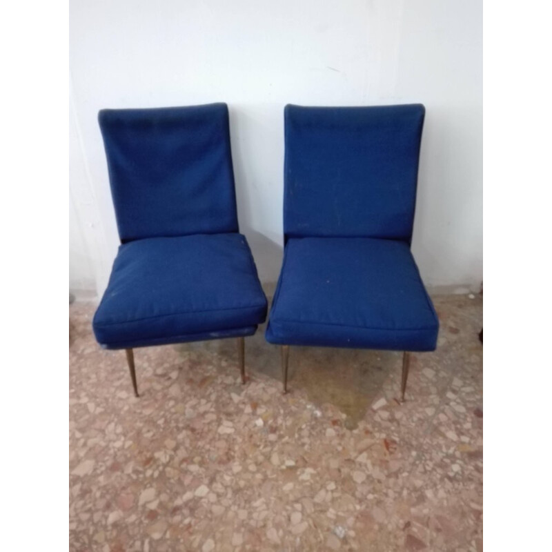 Set of 2 vintage italian armchairs without arms in blue fabric & brass Feet - 1950s