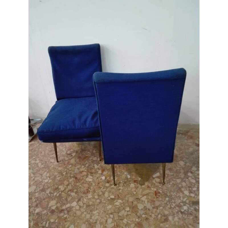 Set of 2 vintage italian armchairs without arms in blue fabric & brass Feet - 1950s