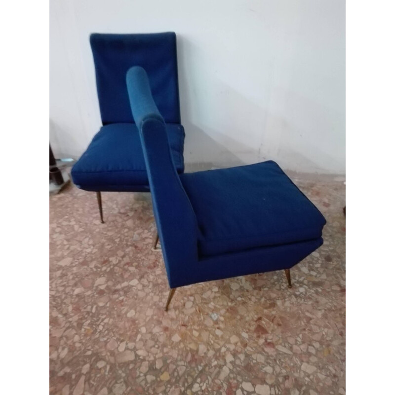 Suite de 2 chauffeuses vintage italiennes en tissu bleu avec pieds en laiton - 1950