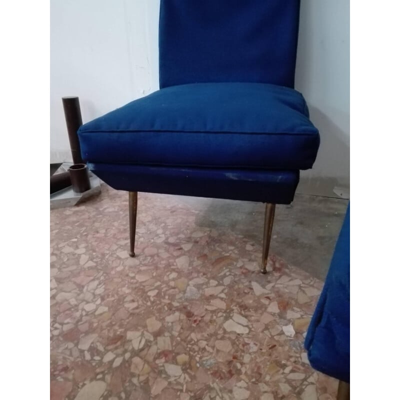 Set of 2 vintage italian armchairs without arms in blue fabric & brass Feet - 1950s