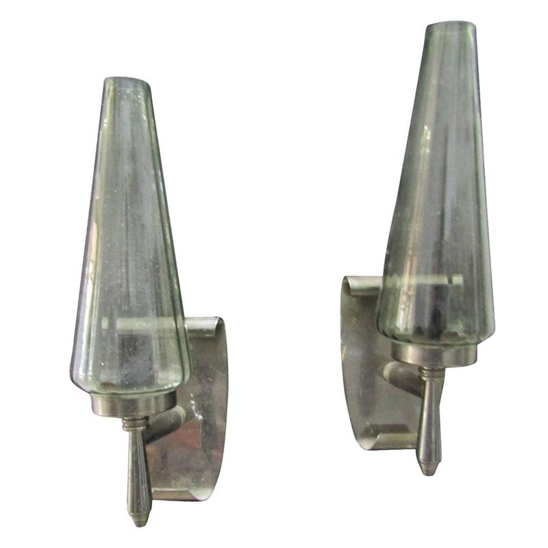 Set 2 vintage wall lamps in bent Metal & glass - 1950s
