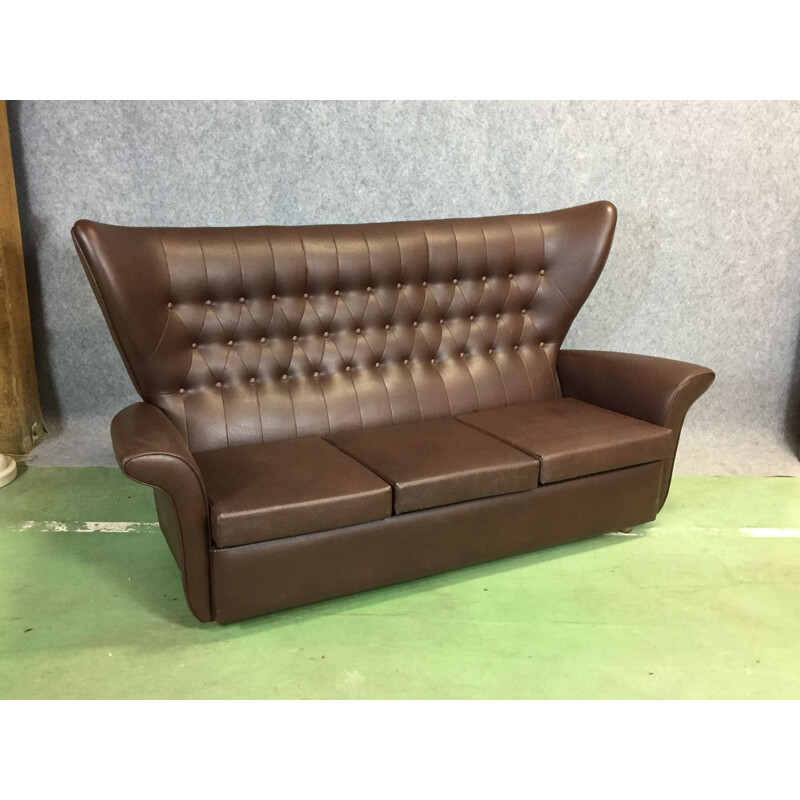 French vintage sofa in brown skaï - 1970s