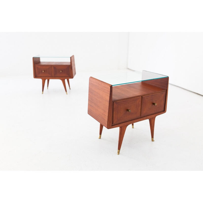 Vintage Italian Brass and Mahogany Bedside Tables - 1950s