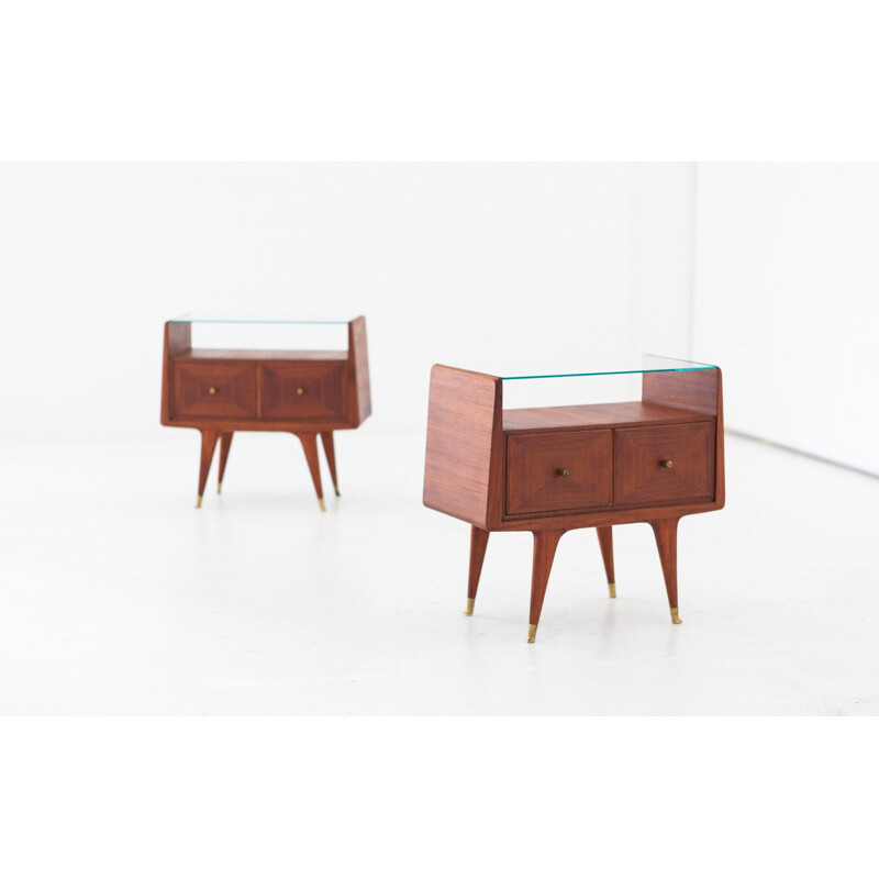 Vintage Italian Brass and Mahogany Bedside Tables - 1950s