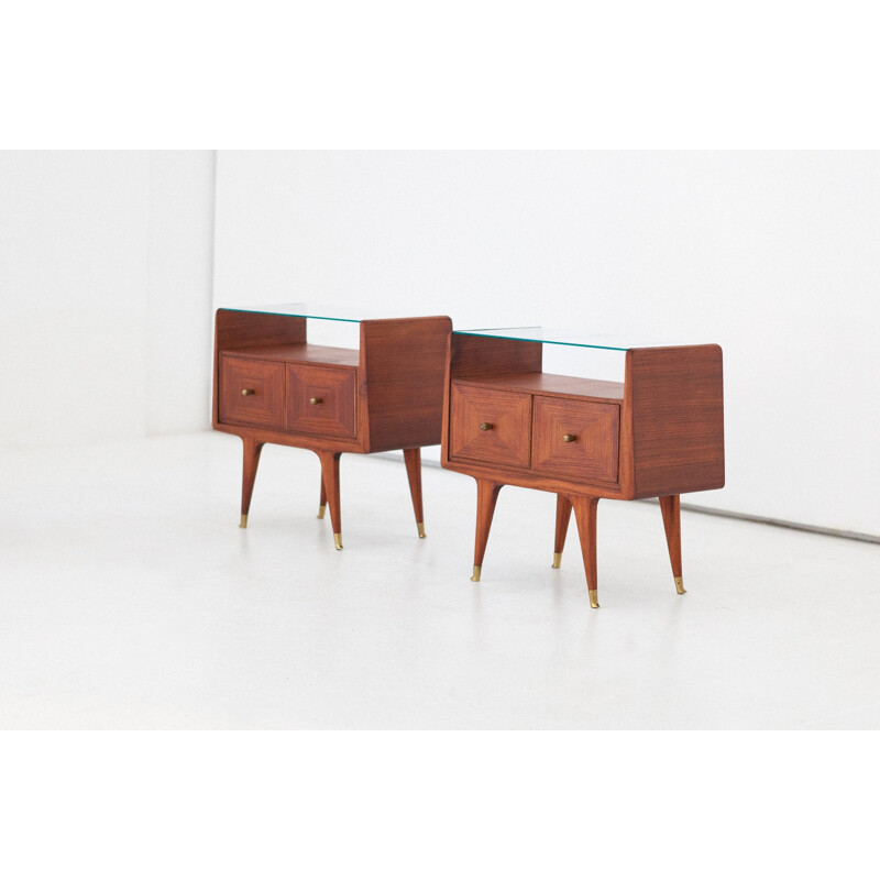 Vintage Italian Brass and Mahogany Bedside Tables - 1950s