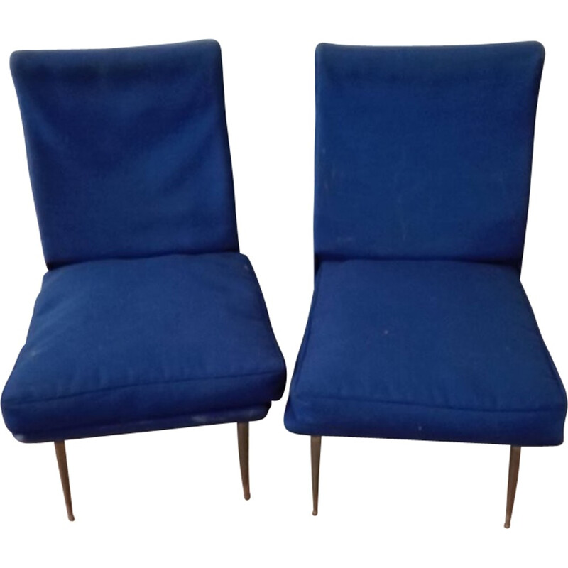 Set of 2 vintage italian armchairs without arms in blue fabric & brass Feet - 1950s