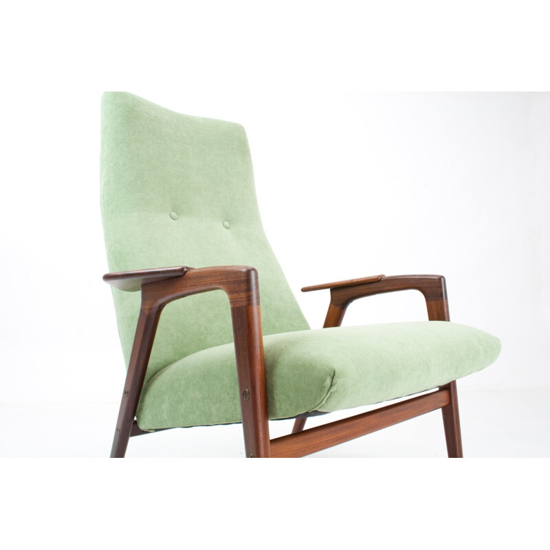  Scandinavian armchair in teak and mint green fabric, EKSTRÖM - 1950s