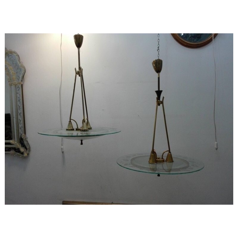 Vintage pair of brass and glass chandeliers by Pietro Chiesa for Fontana Arte - 1950s