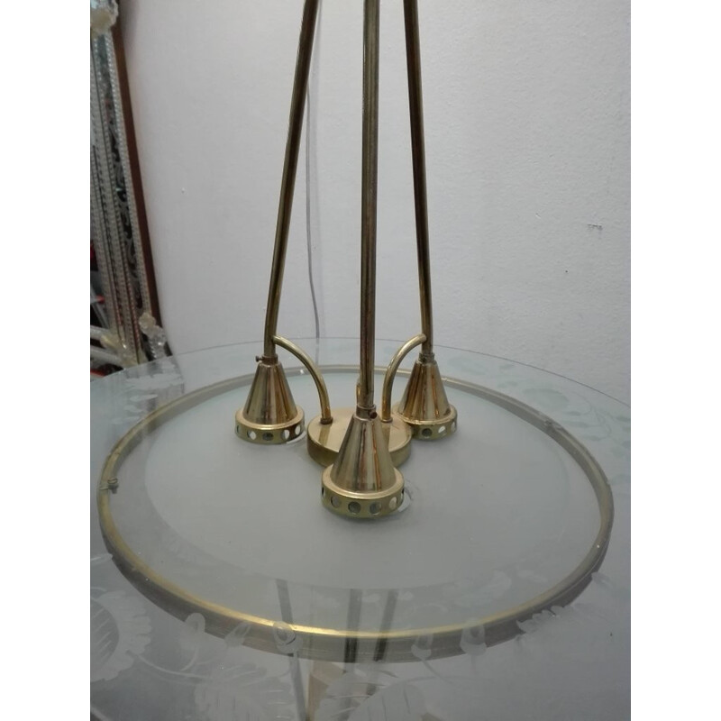 Vintage pair of brass and glass chandeliers by Pietro Chiesa for Fontana Arte - 1950s