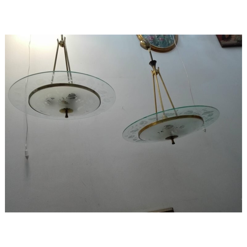 Vintage pair of brass and glass chandeliers by Pietro Chiesa for Fontana Arte - 1950s