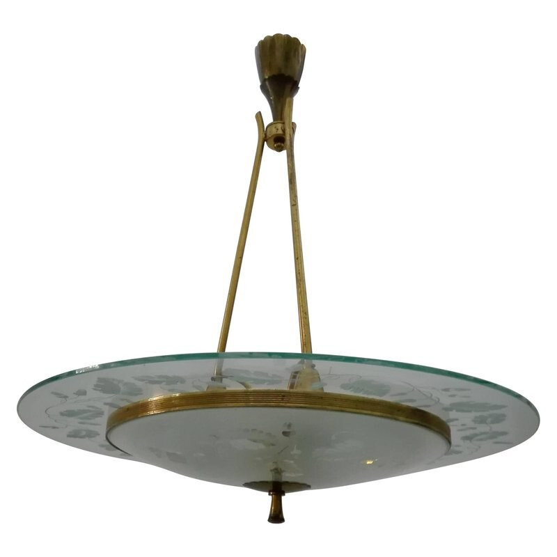Vintage brass and glass chandelier by Pietro Chiesa for Fontana Arte - 1940s