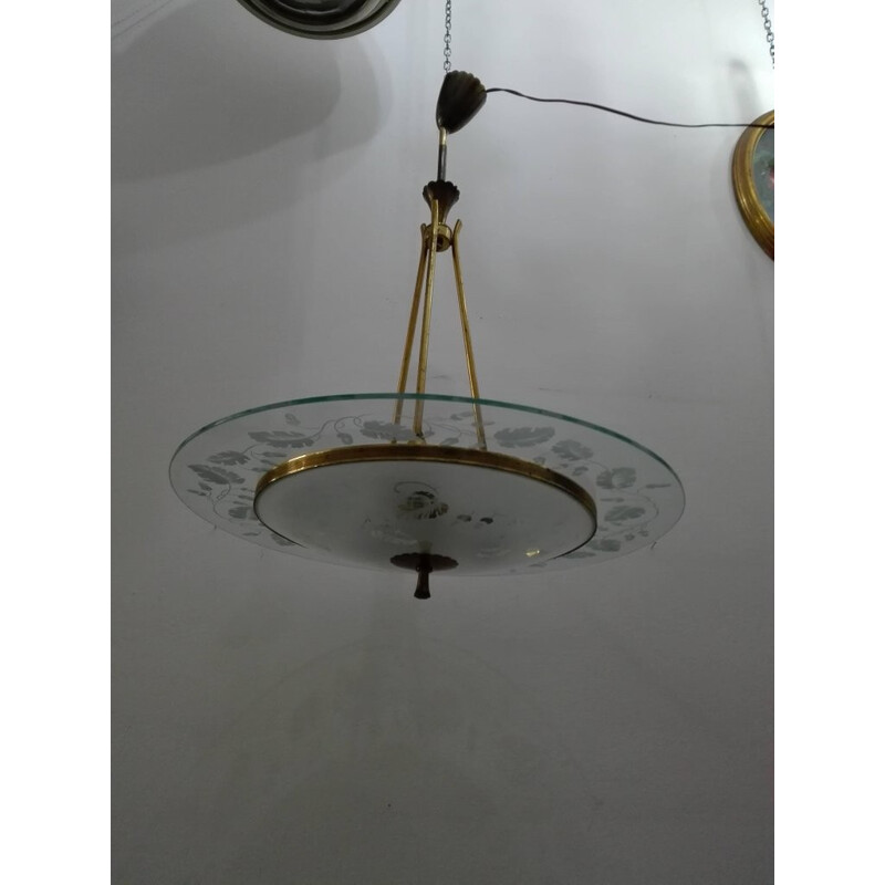 Vintage brass and glass chandelier by Pietro Chiesa for Fontana Arte - 1940s