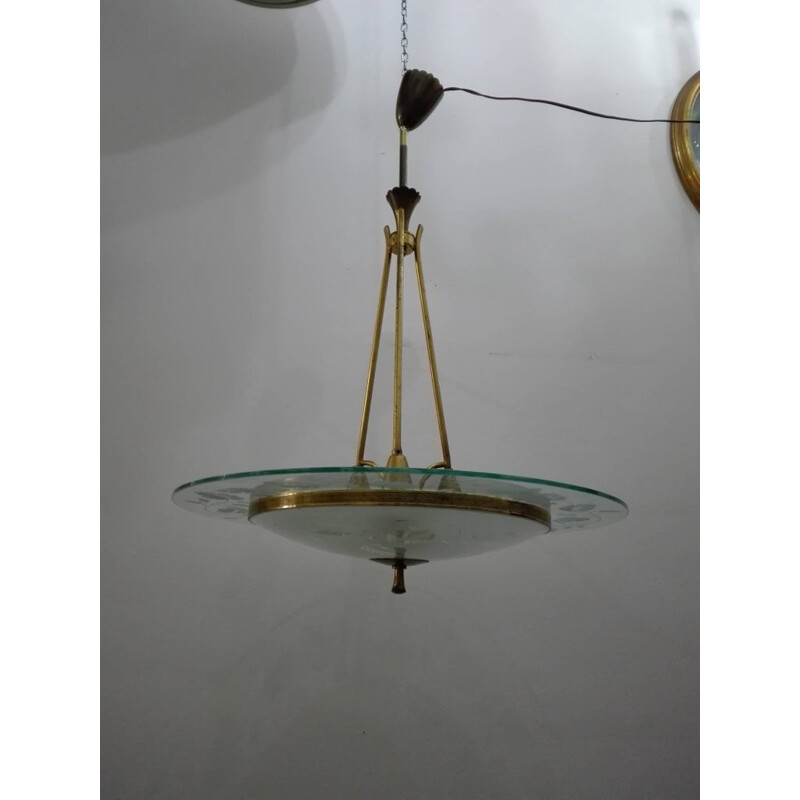 Vintage brass and glass chandelier by Pietro Chiesa for Fontana Arte - 1940s