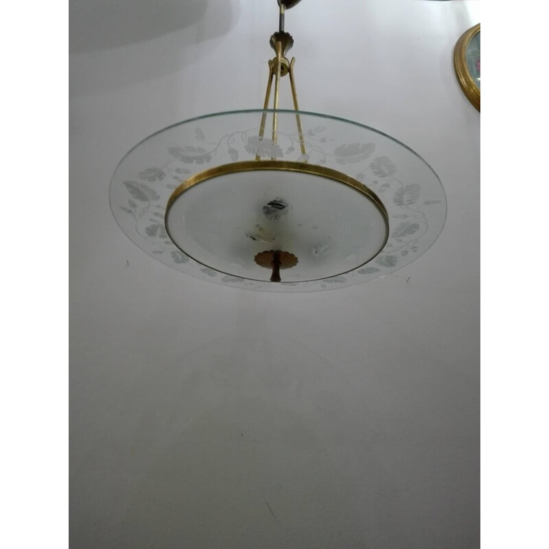 Vintage brass and glass chandelier by Pietro Chiesa for Fontana Arte - 1940s