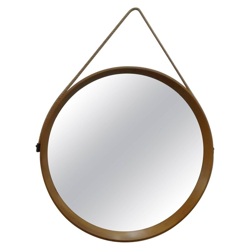 Scandinavian vintage framed wood wall mirror of circular shape by Uno and Östen Kristiansson for Luxus, 1960