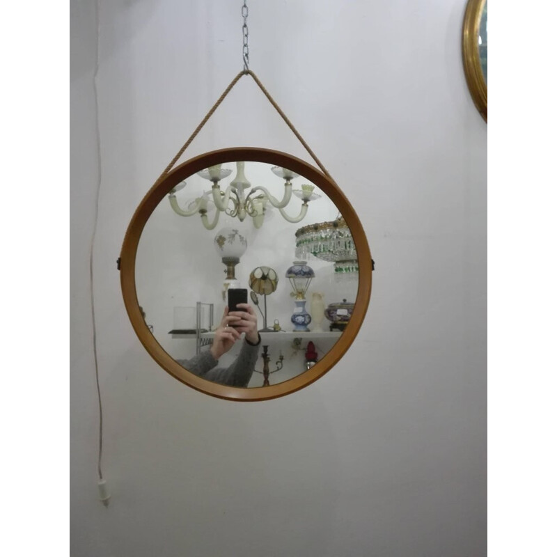 Espelho de parede escandinavo Vintage emoldurado de madeira em forma circular por Uno e Östen Kristiansson para Luxus, 1960