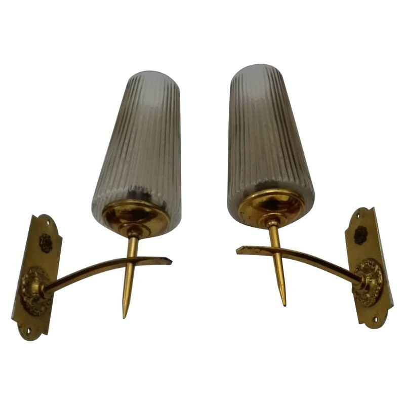 Vintage pair of brass and murano sconces - 1950s