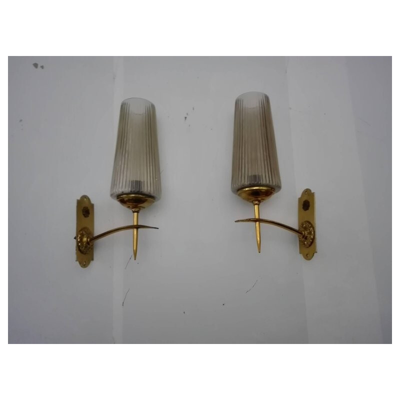 Vintage pair of brass and murano sconces - 1950s