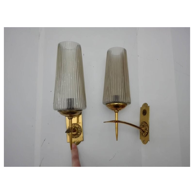 Vintage pair of brass and murano sconces - 1950s