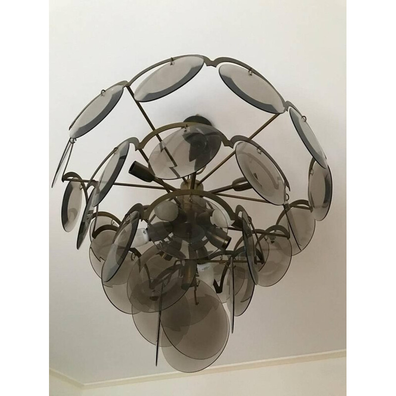 Vintage chandelier with 5 levels in chromed metal and smoke glass by Vistosi, Italy - 1970s