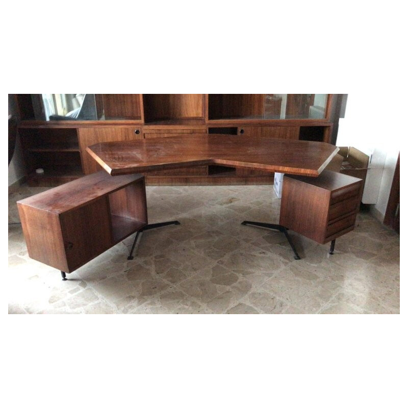 Vintage T-96 Boomerang rosewood and metal desk by Osvaldo Borsani for Tecno - 1950s