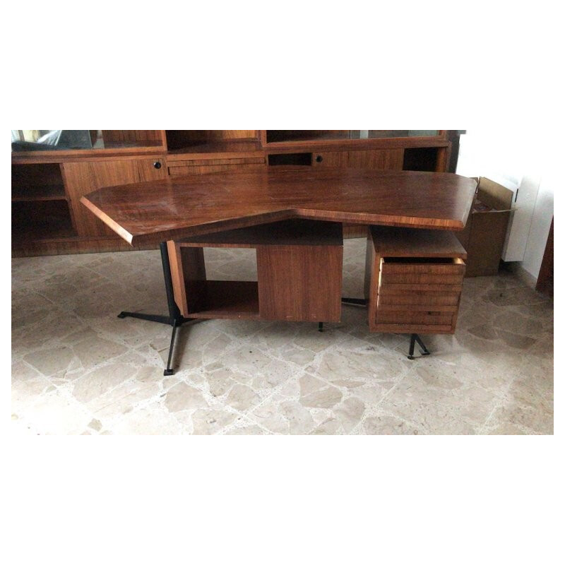 Vintage T-96 Boomerang rosewood and metal desk by Osvaldo Borsani for Tecno - 1950s