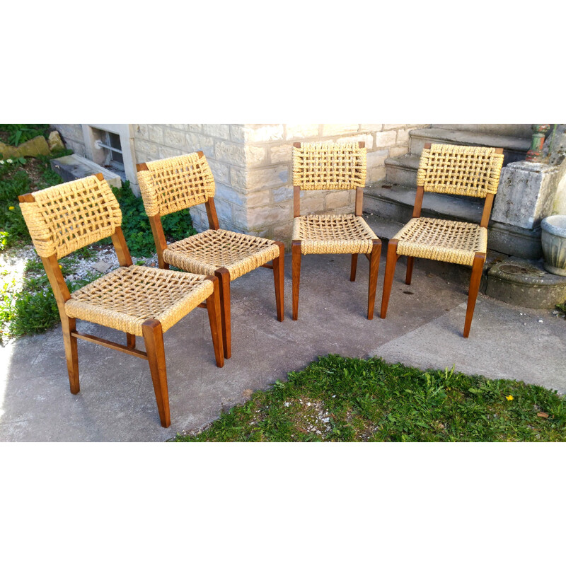 Vintage set of 4 beech chairs by Adrien Audoux & Frida Minet for Vibo - 1950s