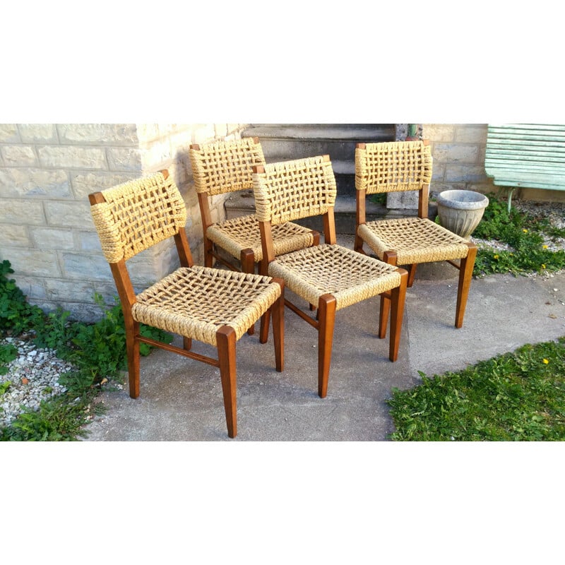 Vintage set of 4 beech chairs by Adrien Audoux & Frida Minet for Vibo - 1950s